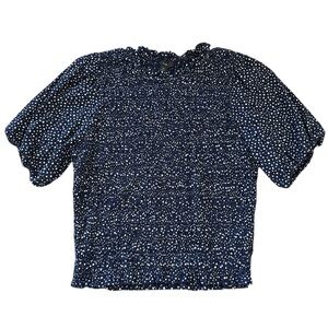 J Crew Smocked High Neck Bubble ShortSleeve Blouse Navy & White Polka Dot Medium